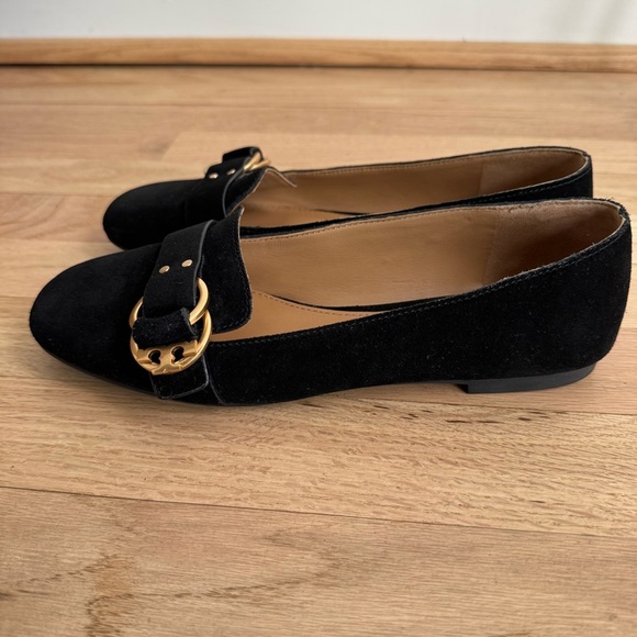 Tory Burch Marsden Black Suede Flats with Gold Logo Buckle Size 7 - Picture 4 of 7